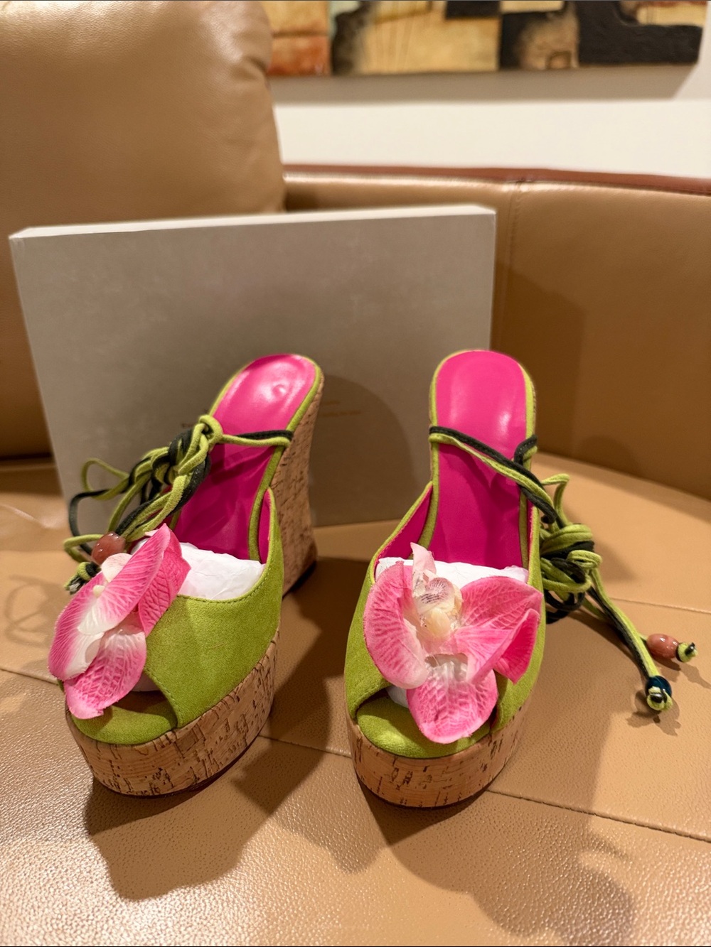 Green Suede Platform Mules with Pink Floral Accent